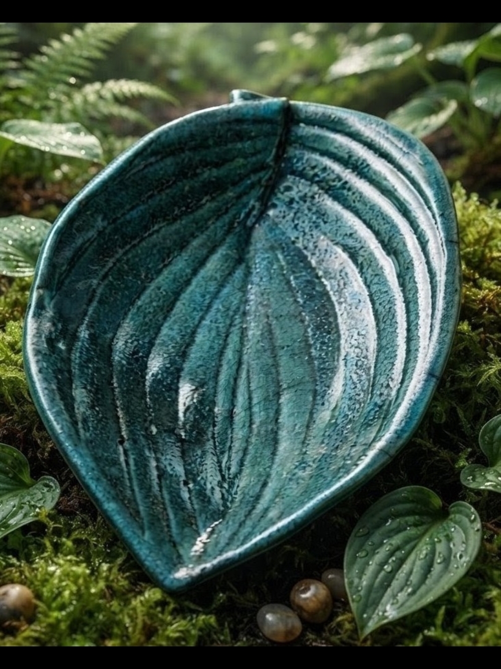 Handmade Ceramic Hosta Leaf Dish Deep Teal Studio Pottery Ring Tray